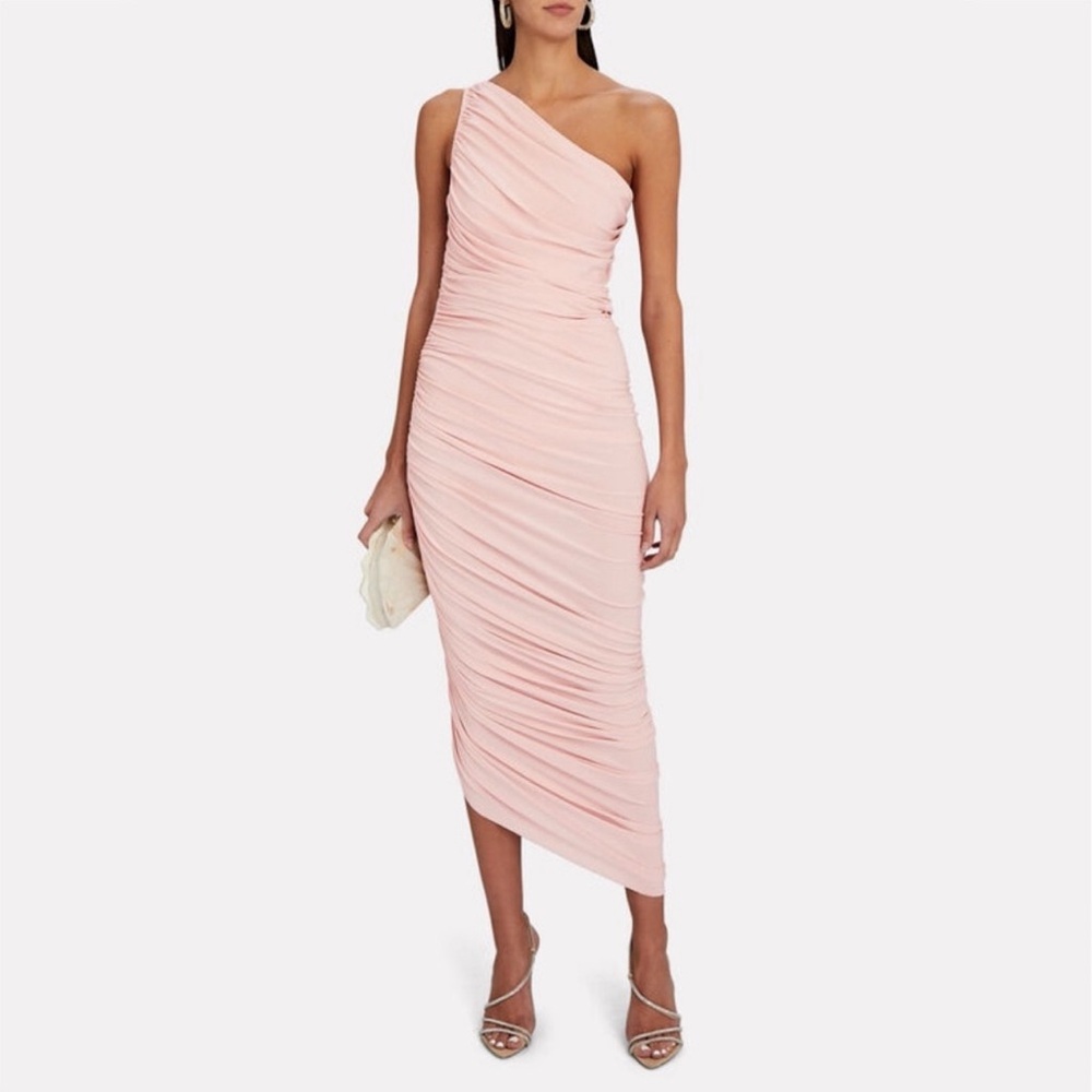 New w/tags Norma Kamali XL light pink one shoulder maxi gown with cinched sides